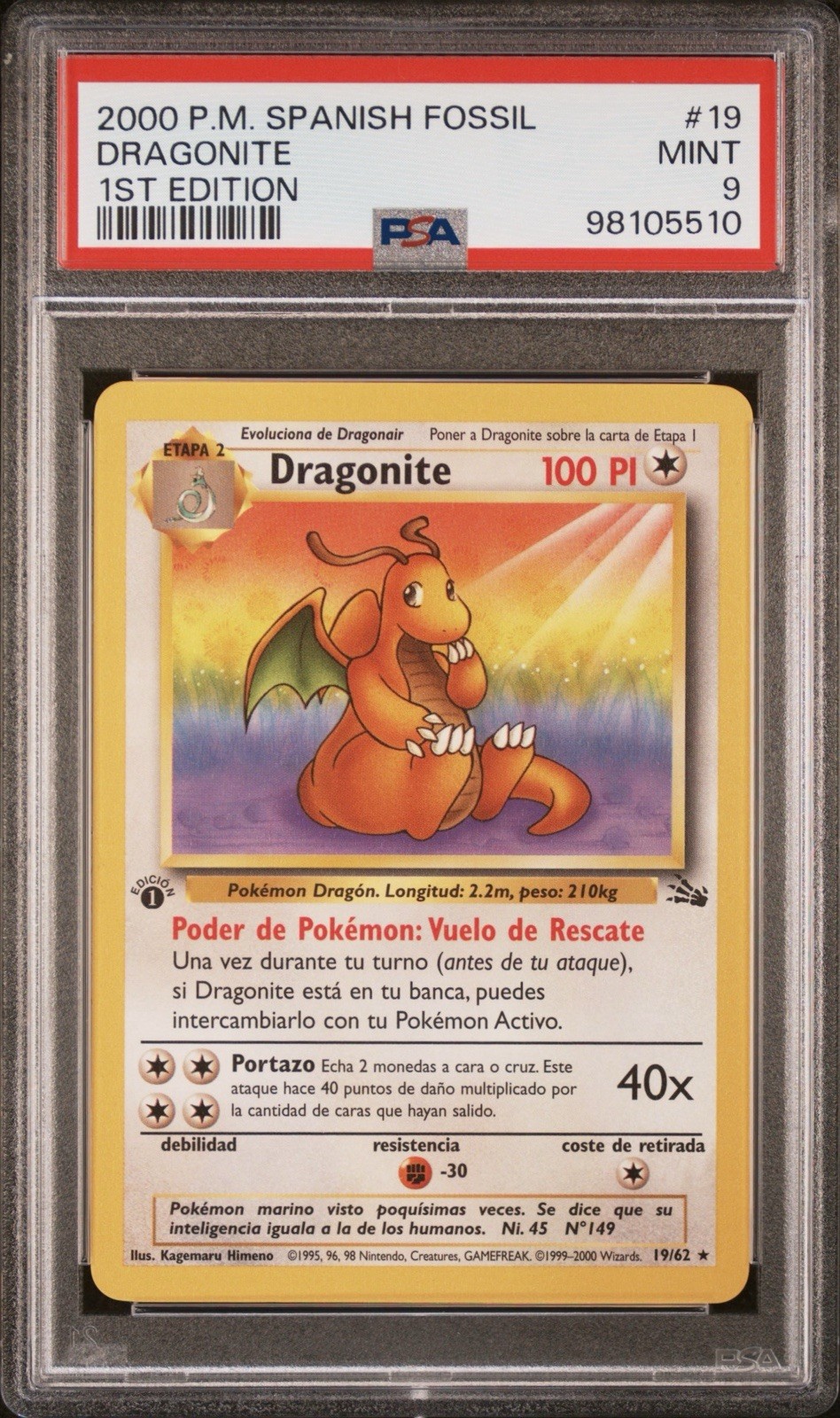 2000 Pokemon Spanish Fossil Dragonite 1st Edition 19