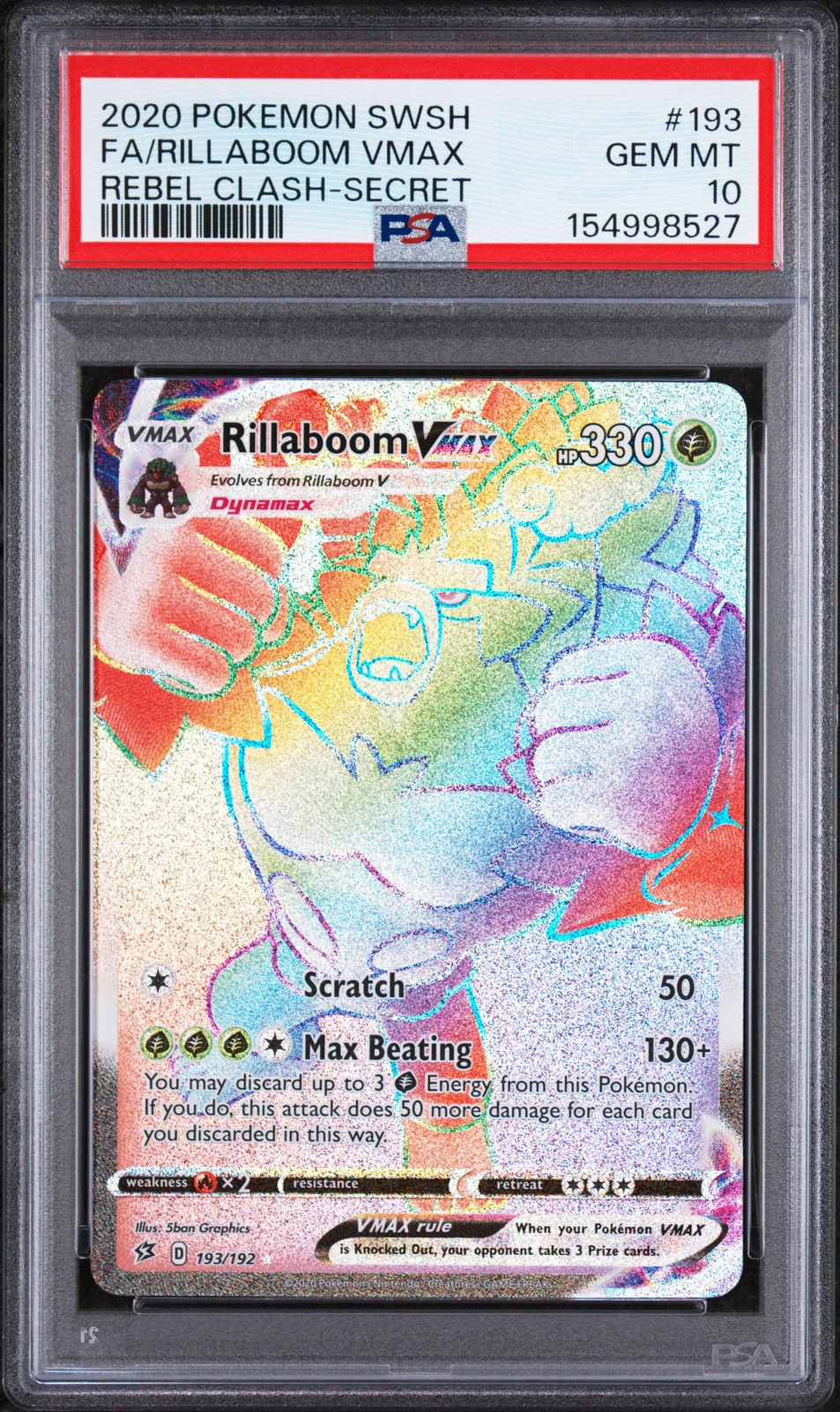 2020 Pokemon Sword & Shield Rebel Clash Full Art/Rillaboom Vmax Secret 193