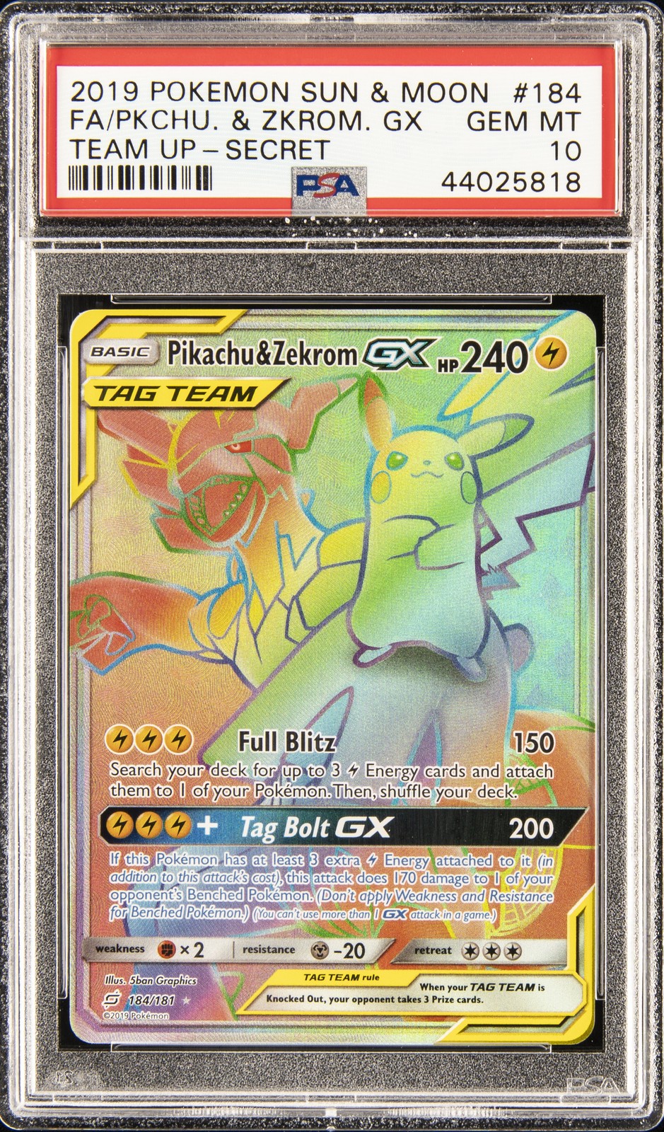 2019 Pokemon Sun & Moon Team Up Full Art/Pikachu & Zekrom GX Secret 184