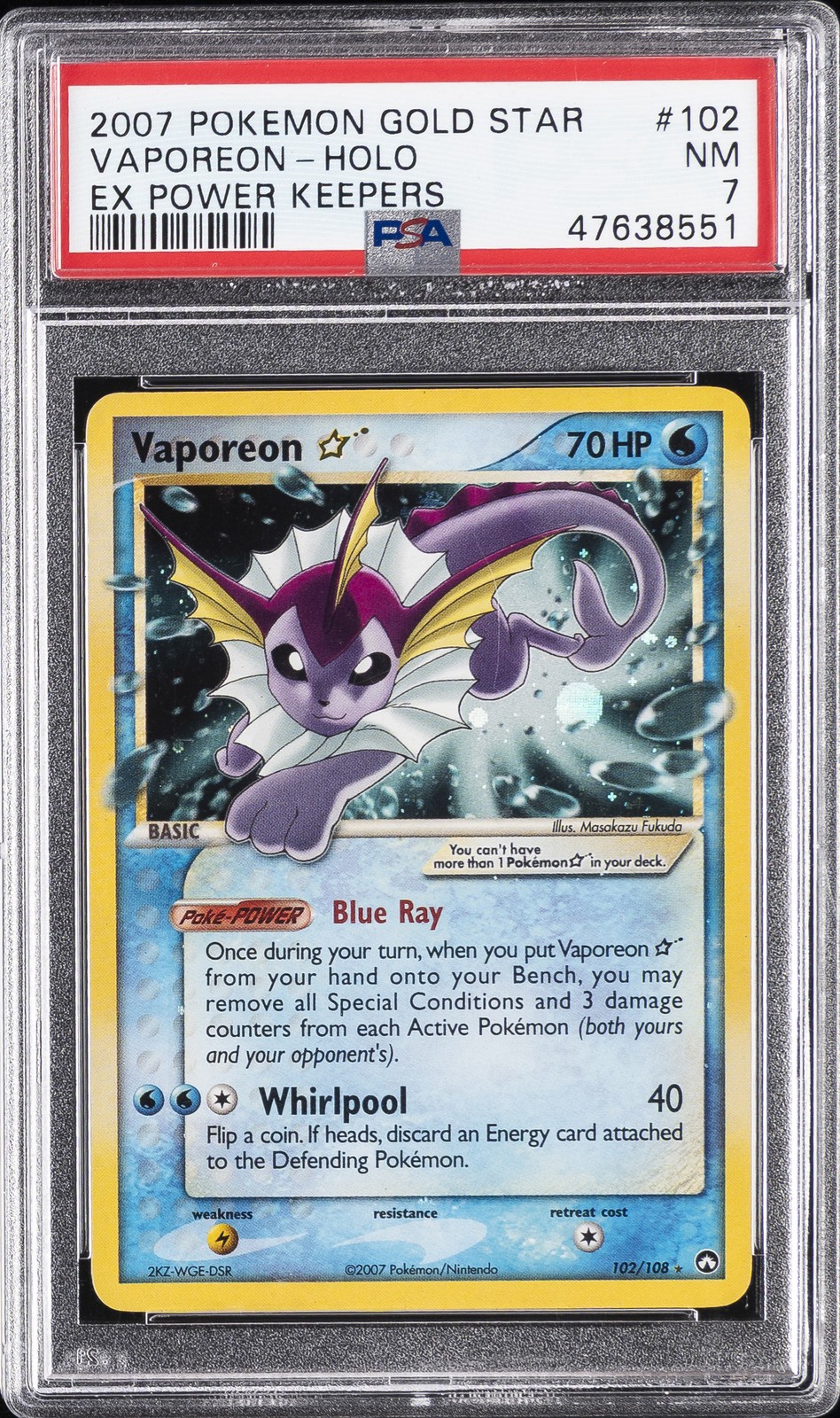2007 Pokemon EX Power Keepers Vaporeon-Holo Gold Star 102