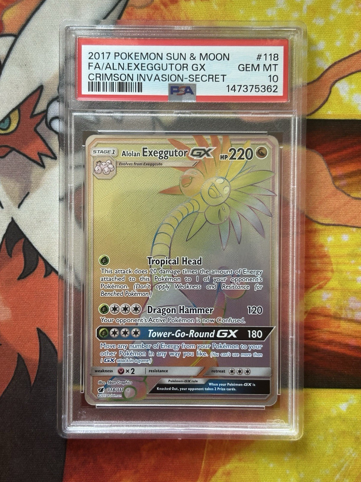 2017 Pokemon Sun & Moon Crimson Invasion Full Art/Alolan Exeggutor GX Secret 118