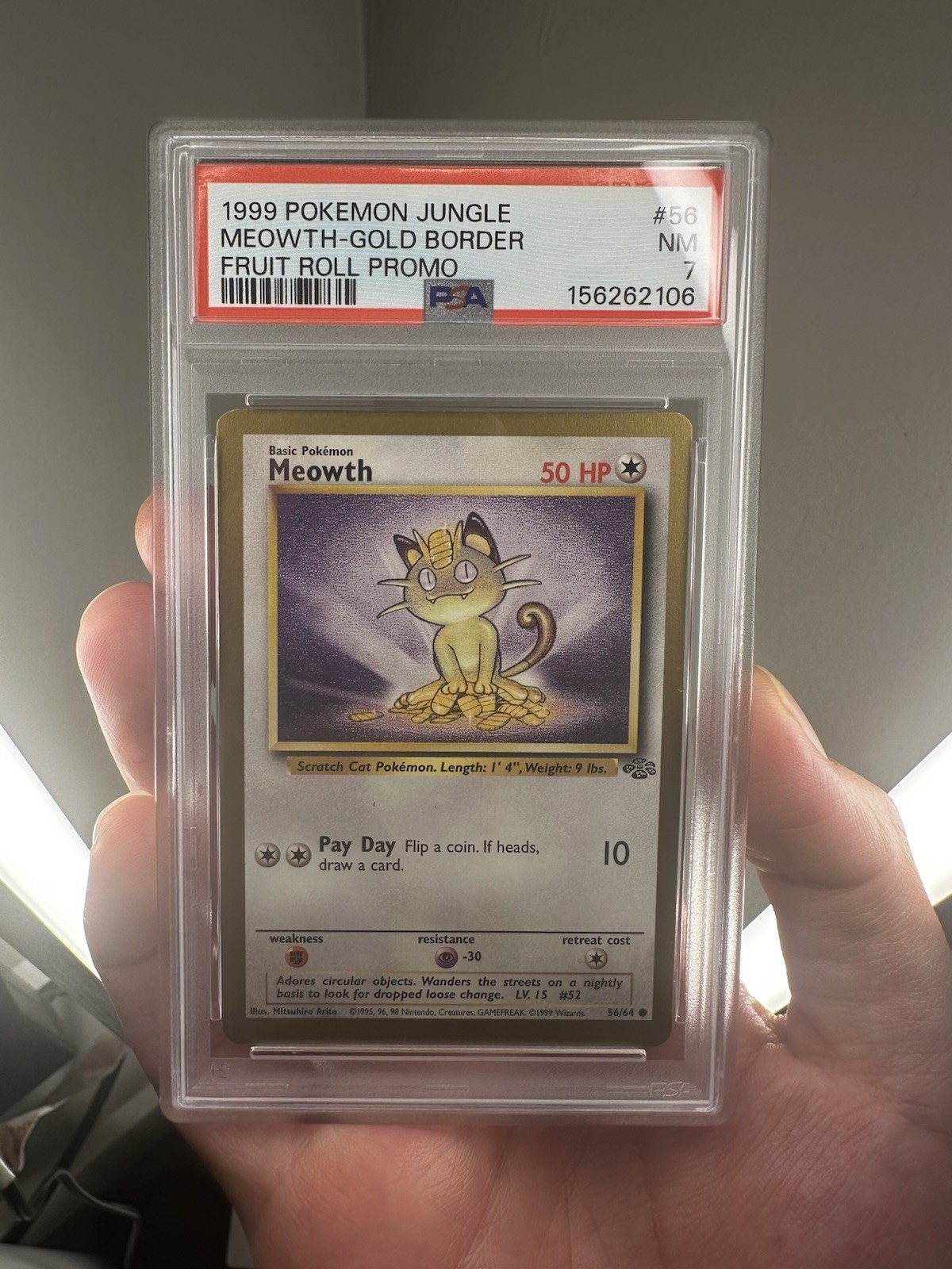 1999 Pokemon Jungle Promo Meowth-Gold Border Fruit Roll Promo 56
