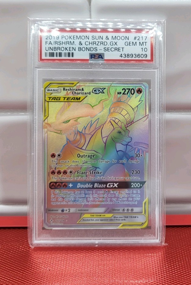 2019 Pokemon Sun & Moon Unbroken Bonds Full Art/Reshiram & Charizard GX Secret 217