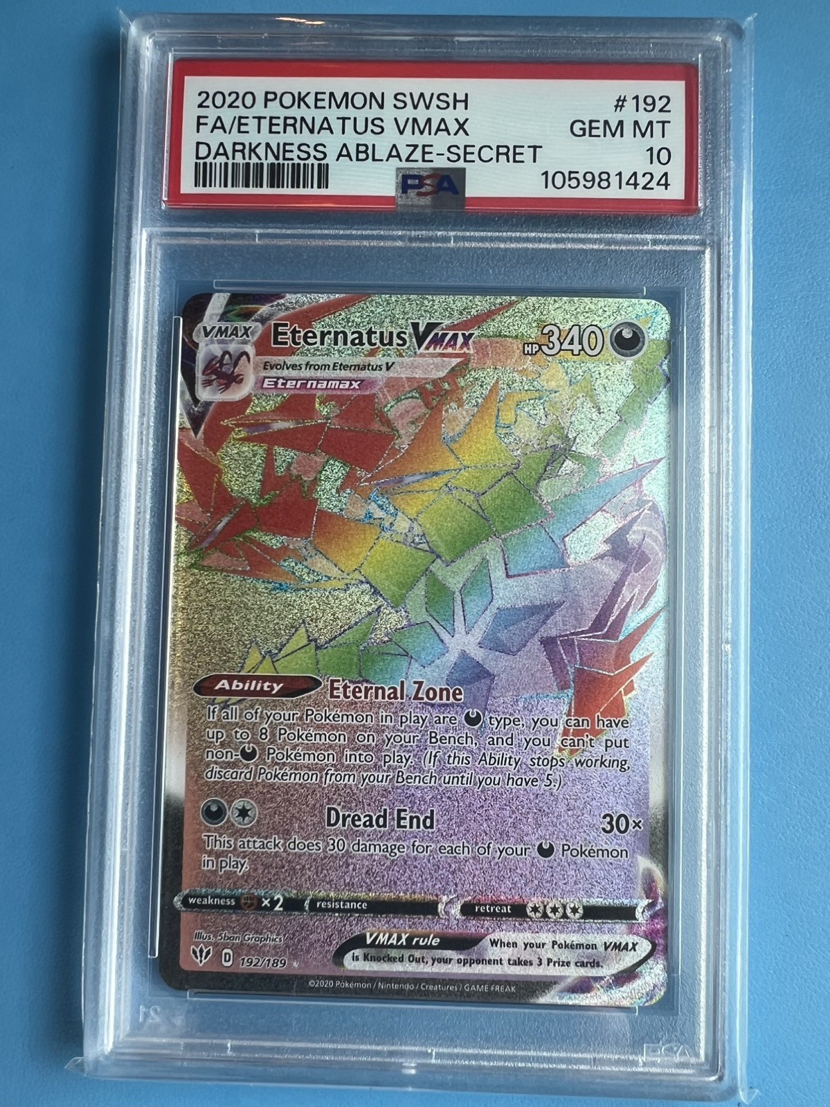 2020 Pokemon Sword & Shield Darkness Ablaze Full Art/Eternatus Vmax Secret 192