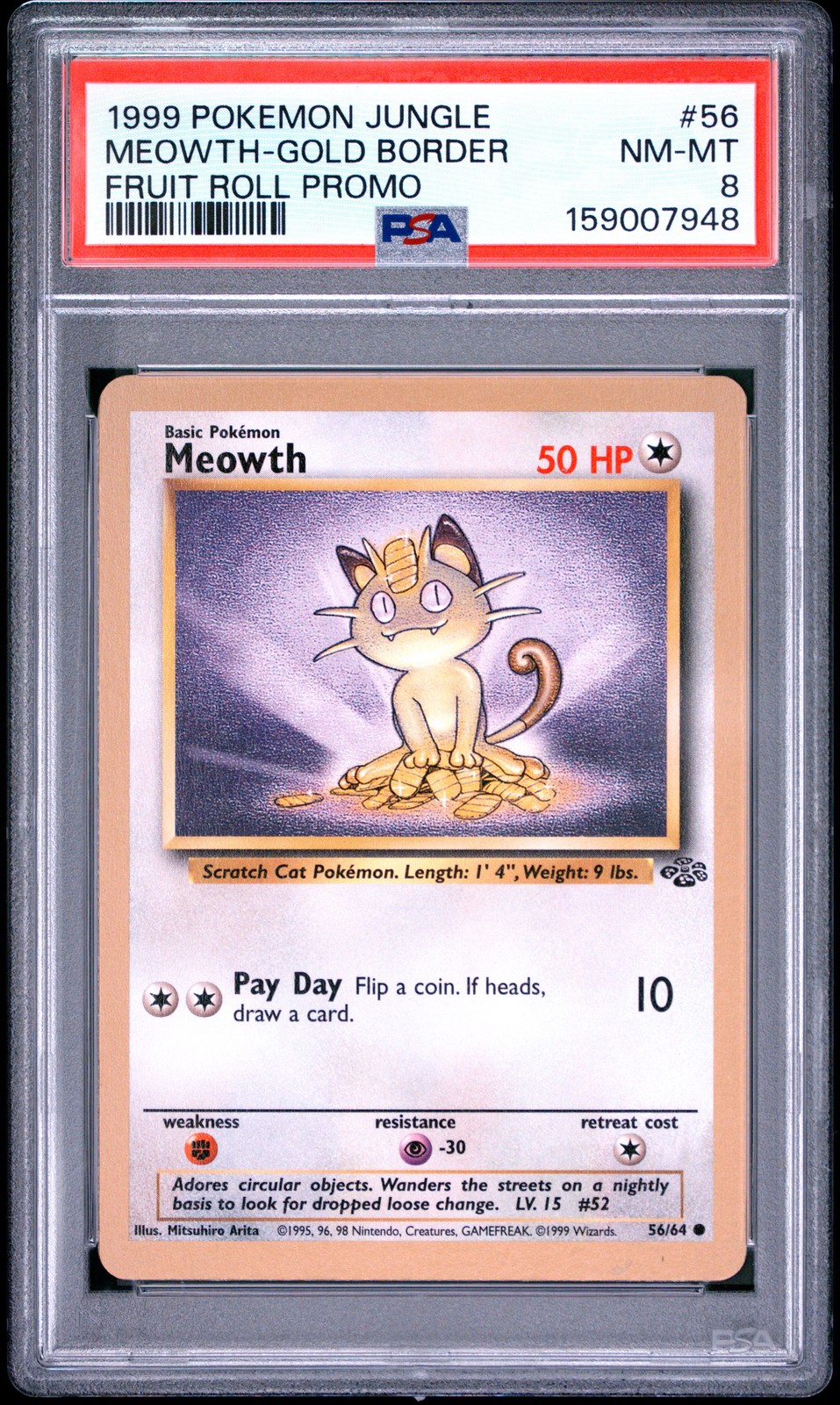 1999 Pokemon Jungle Promo Meowth-Gold Border Fruit Roll Promo 56