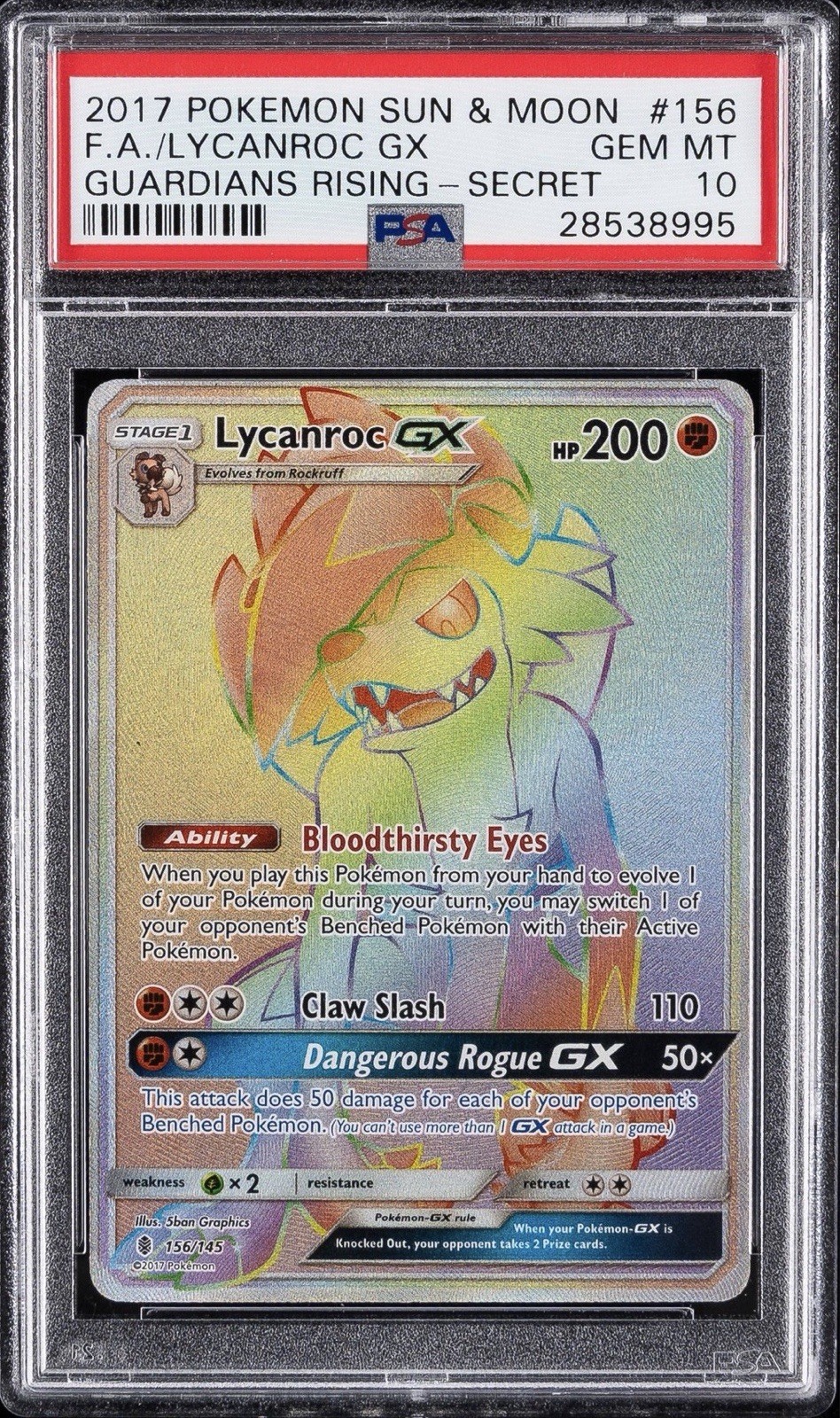 2017 Pokemon Sun & Moon Guardians Rising Full Art/Lycanroc GX Secret 156