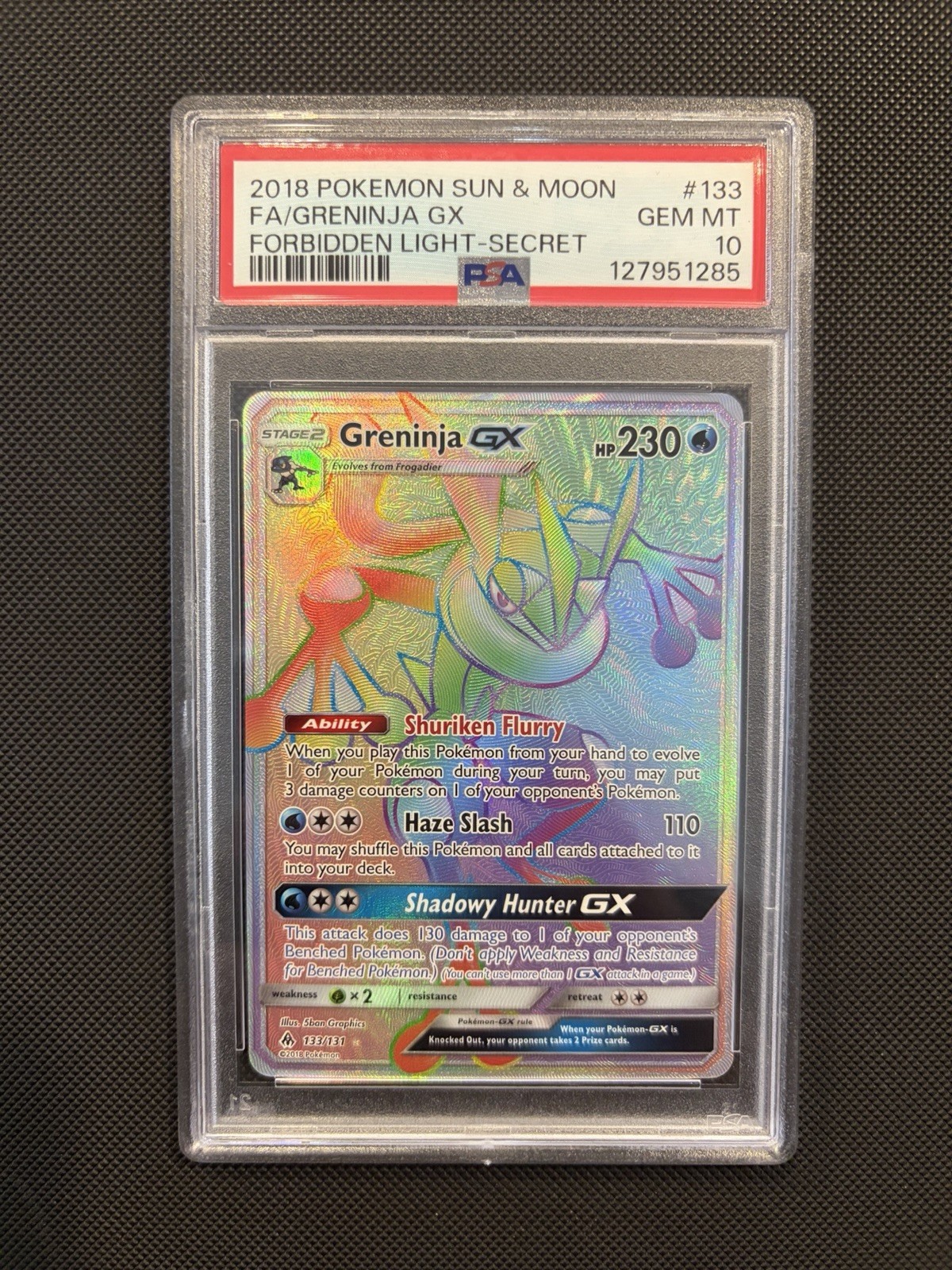2018 Pokemon Sun & Moon Forbidden Light Full Art/Greninja GX Secret 133