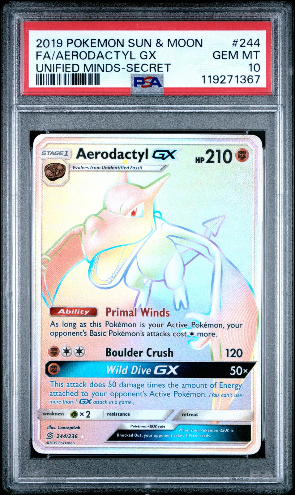2019 Pokemon Sun & Moon Unified Minds Full Art/Aerodactyl GX Secret 244