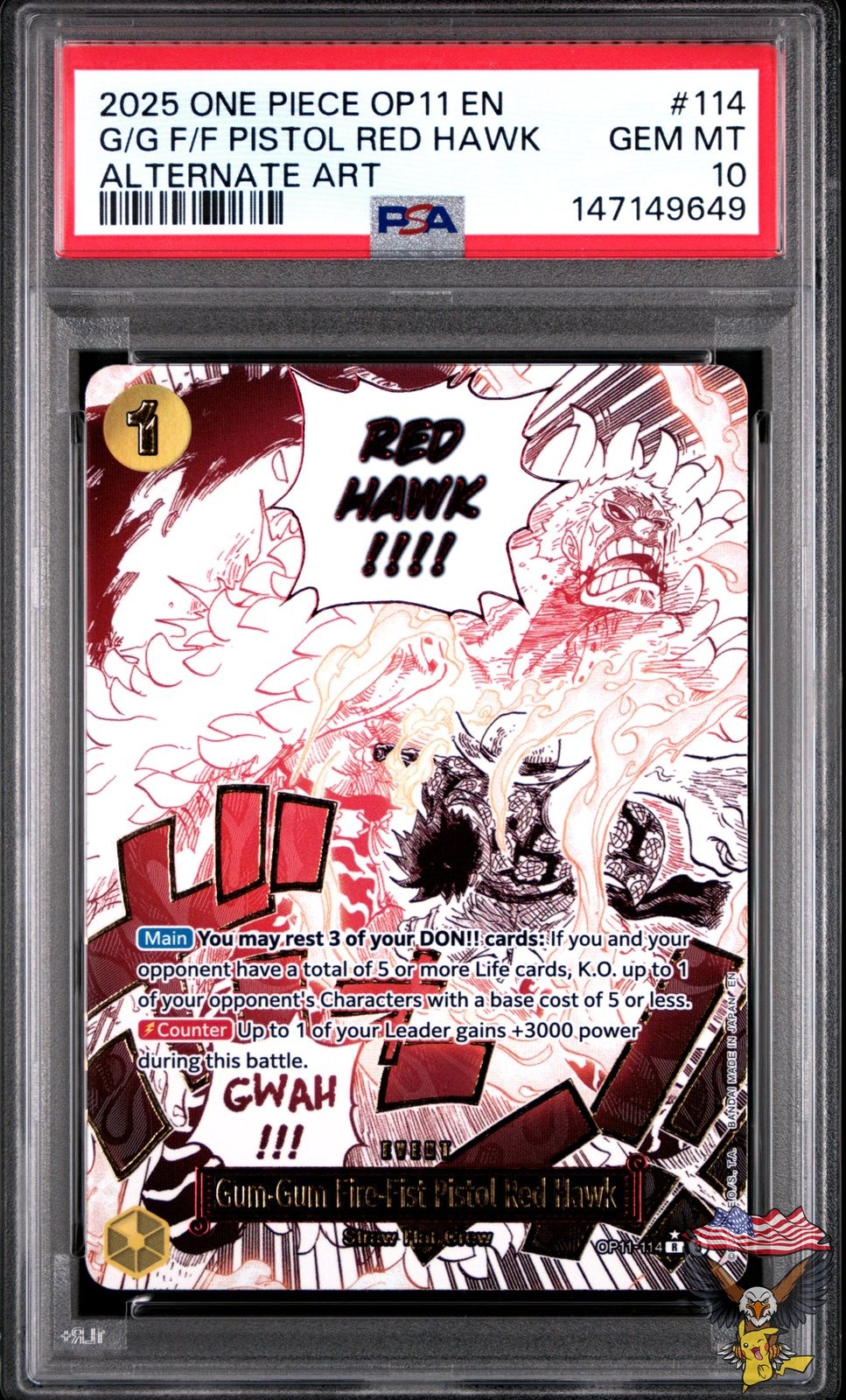 2025 One Piece OP11-A Fist of Divine Speed Gum-Gum Fire-Fist Pistol Red Hawk Alternate Art 114