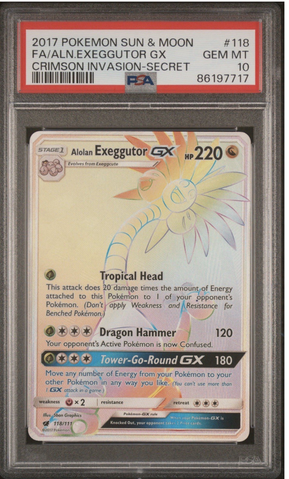 2017 Pokemon Sun & Moon Crimson Invasion Full Art/Alolan Exeggutor GX Secret 118