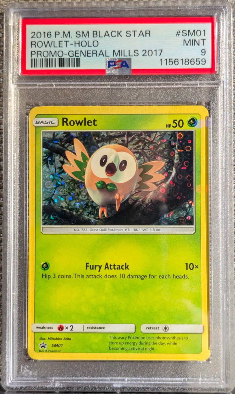 2016 Pokemon SM Black Star Promo Rowlet-Holo General Mills 2017 SM01