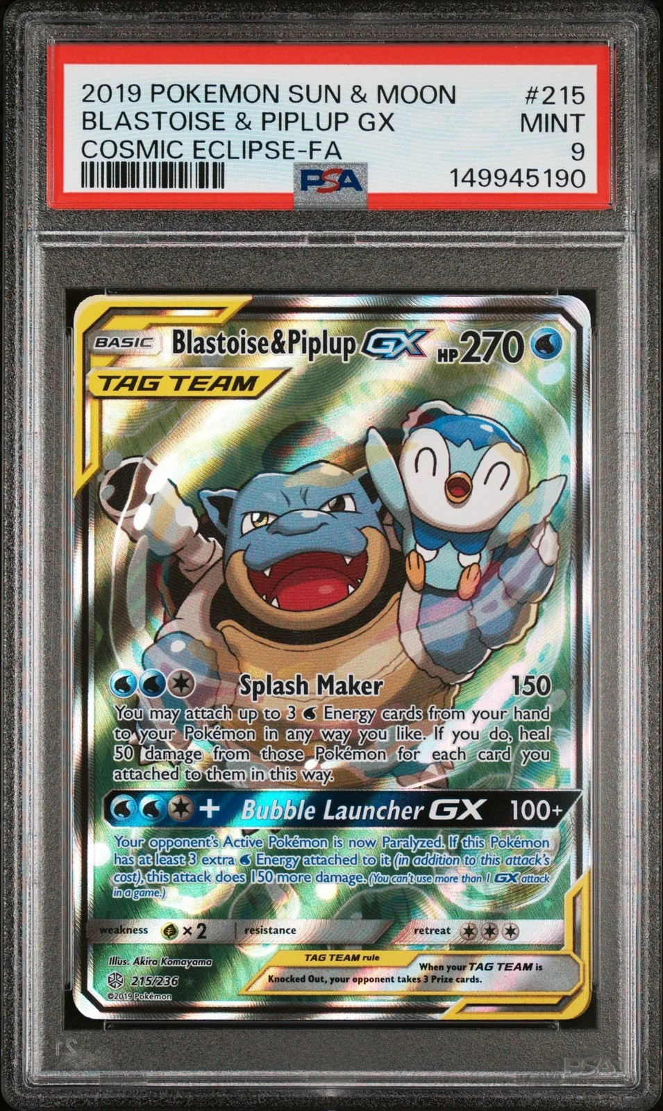 2019 Pokemon Sun & Moon Cosmic Eclipse Full Art/Blastoise & Piplup GX 215