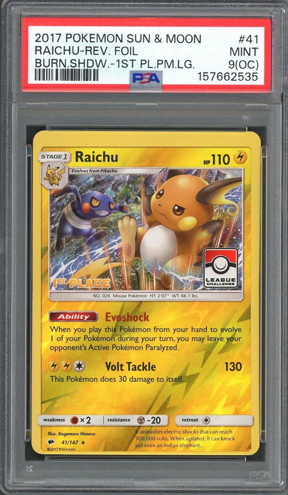 2017 Pokemon Sun & Moon Burning Shadows Raichu-Reverse Foil 1st Place Pokemon League 41