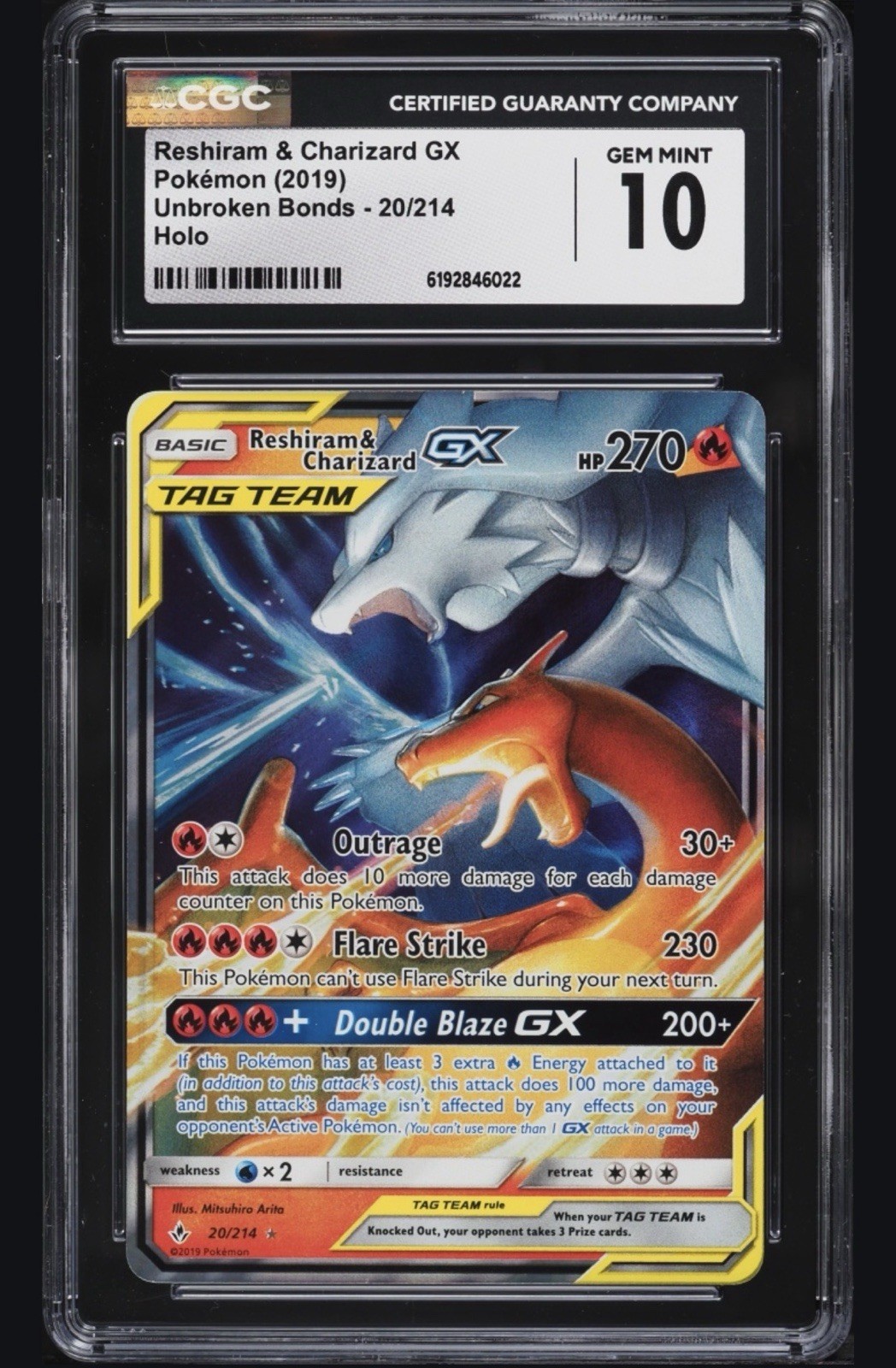 2019 Unbroken Bonds - English Reshiram & Charizard GX Ultra Rare Holo 20/214