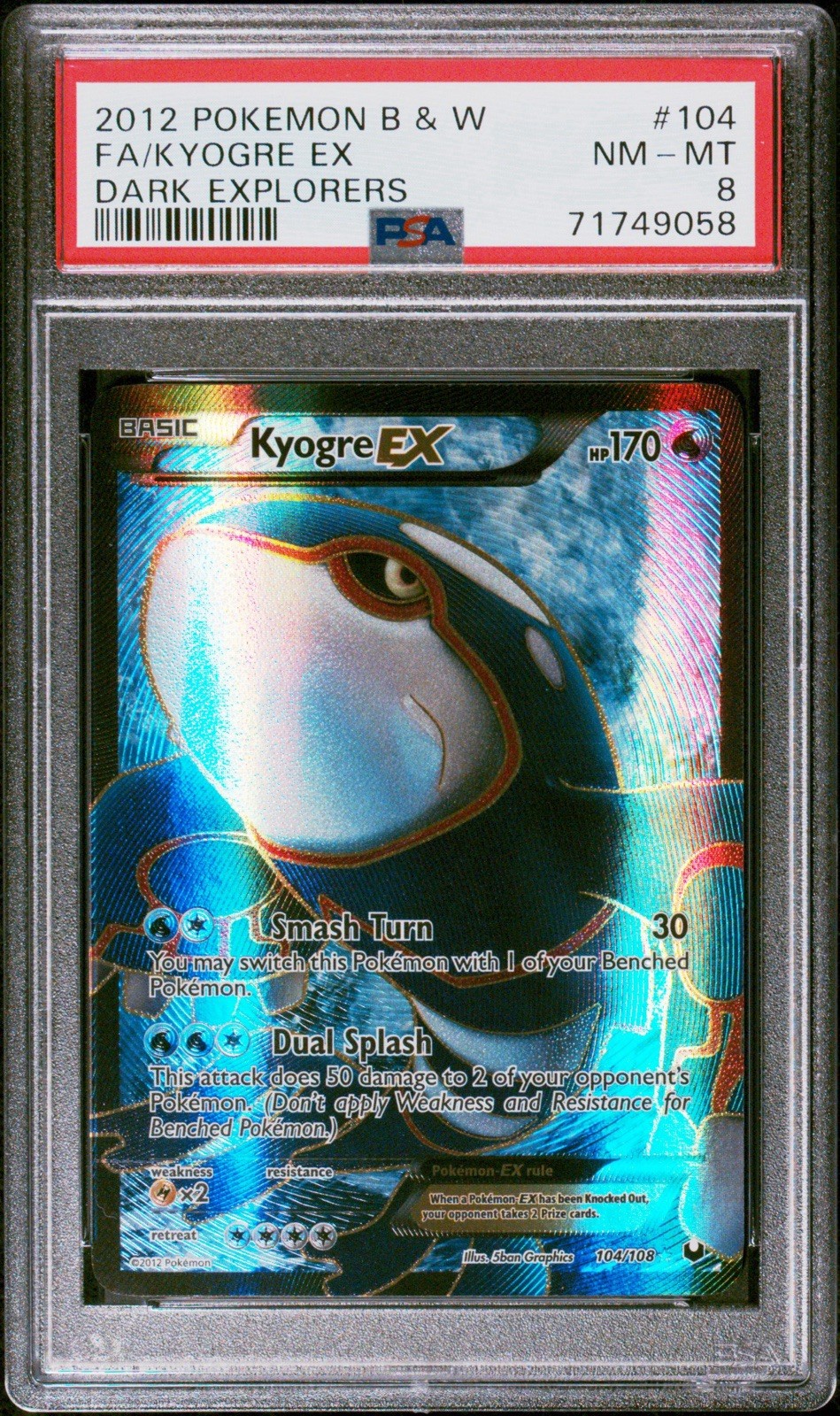 2012 Pokemon Black & White Dark Explorers Full Art/Kyogre EX 104