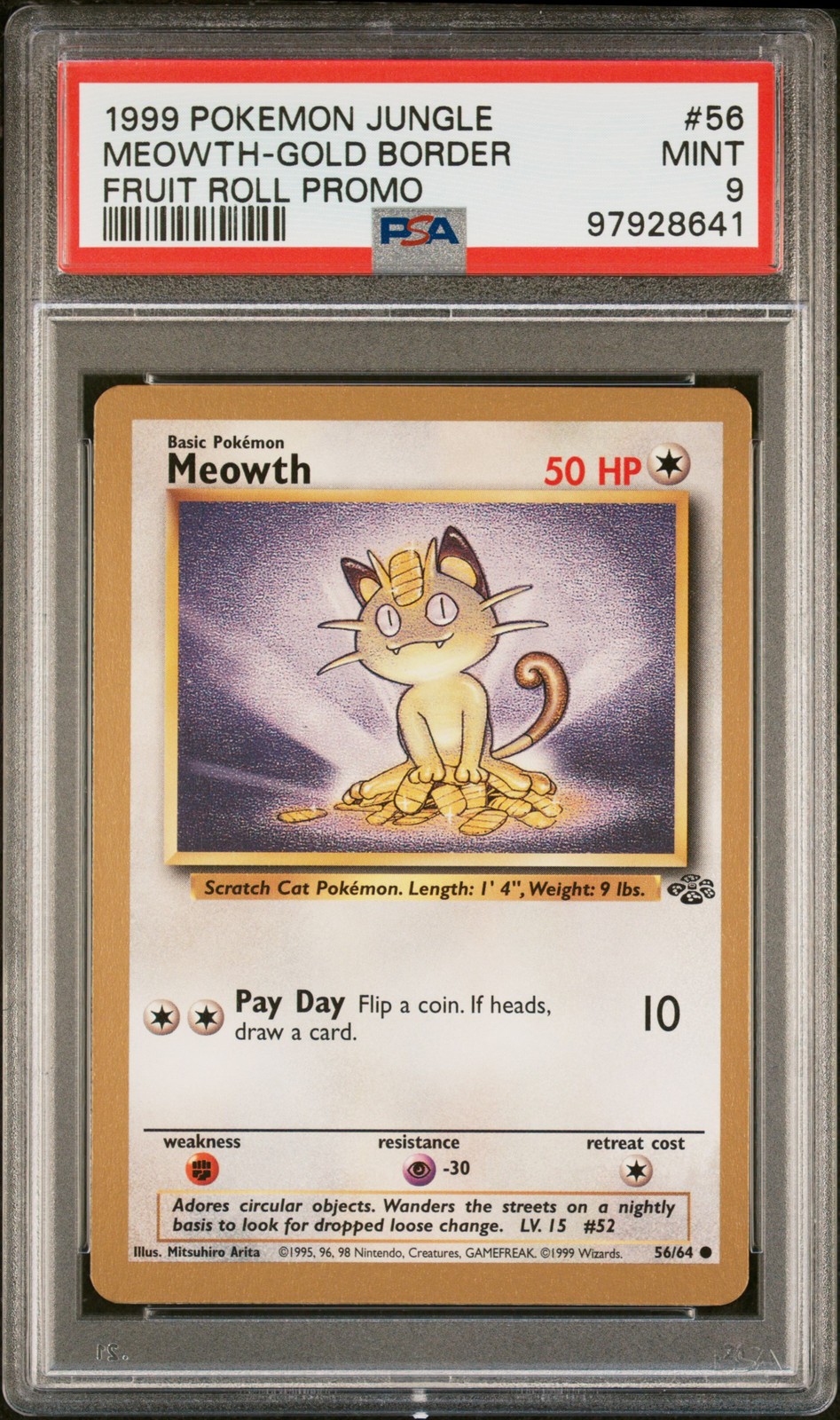 1999 Pokemon Jungle Promo Meowth-Gold Border Fruit Roll Promo 56