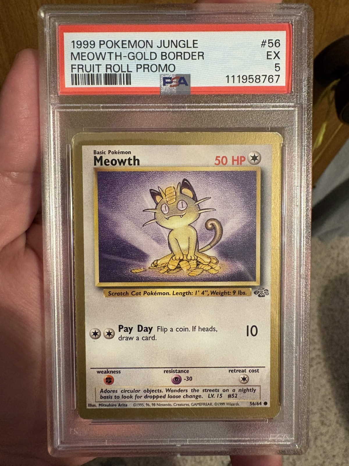 1999 Pokemon Jungle Promo Meowth-Gold Border Fruit Roll Promo 56