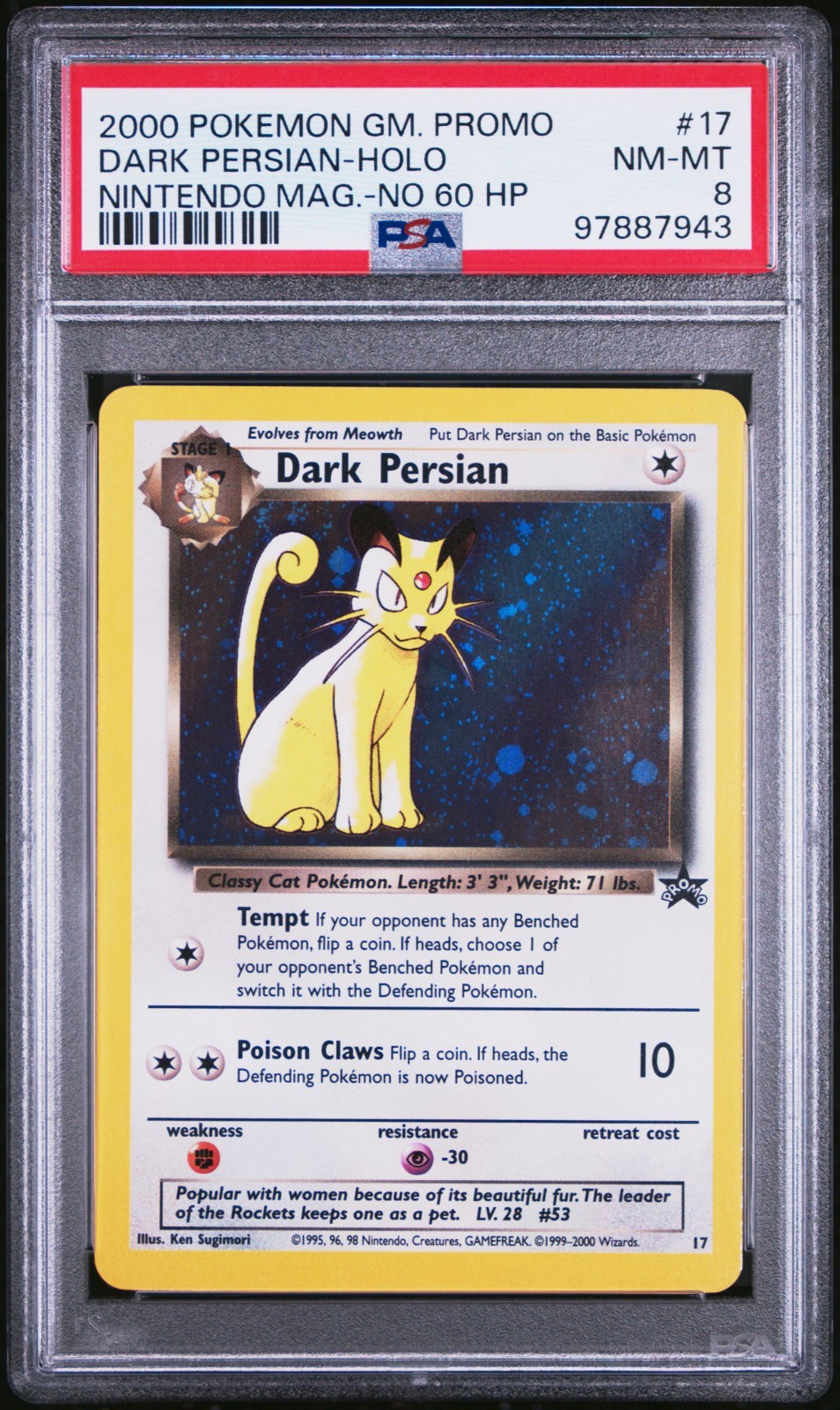 2000 Pokemon Game Promo Dark Persian-Holo Nintendo Magazine-No 60 HP 17