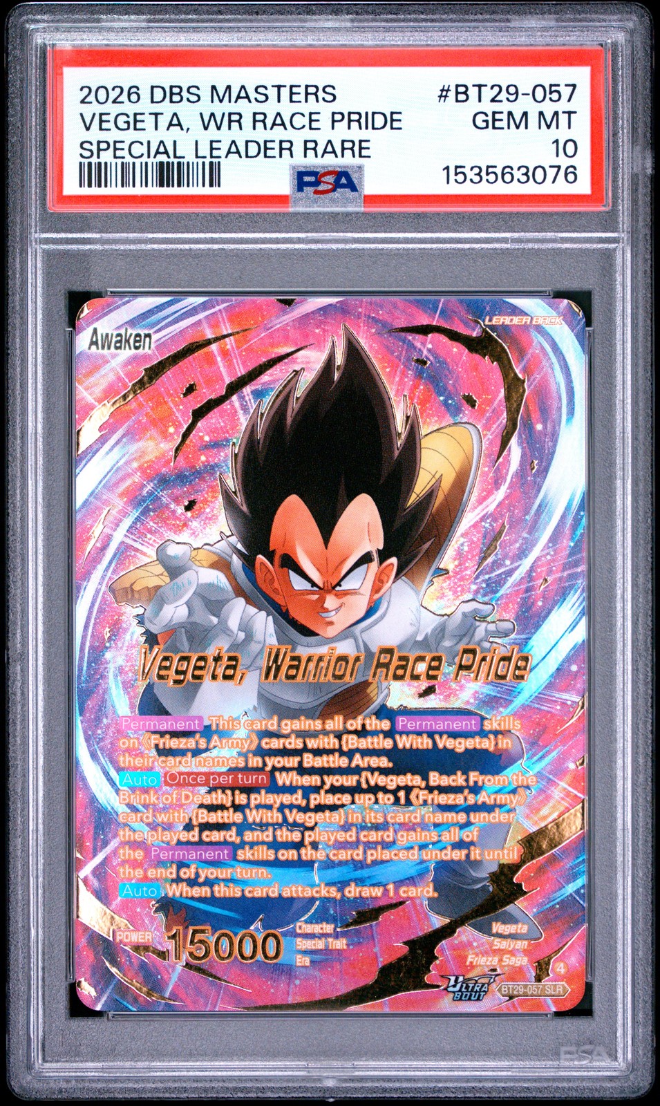 2026 Dragon Ball Super Card Game Masters Series 29 Fearsome Rivals Vegeta, Warrior Race Pride Special Leader Rare BT29-057