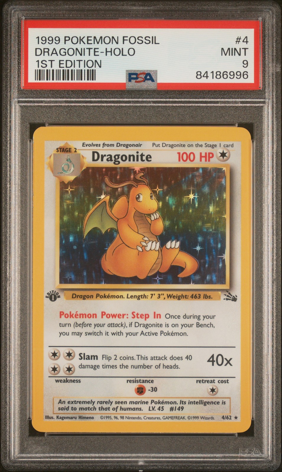 1999 Pokemon Fossil Dragonite-Holo 1st Edition 4