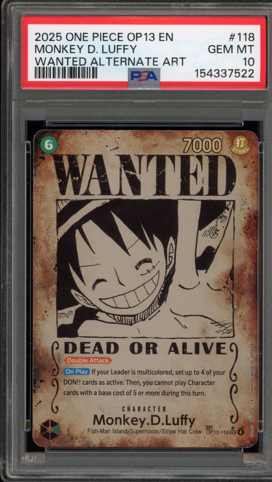 2025 One Piece OP13-Carrying on His Will Monkey D. Luffy Wanted Alternate Art 118