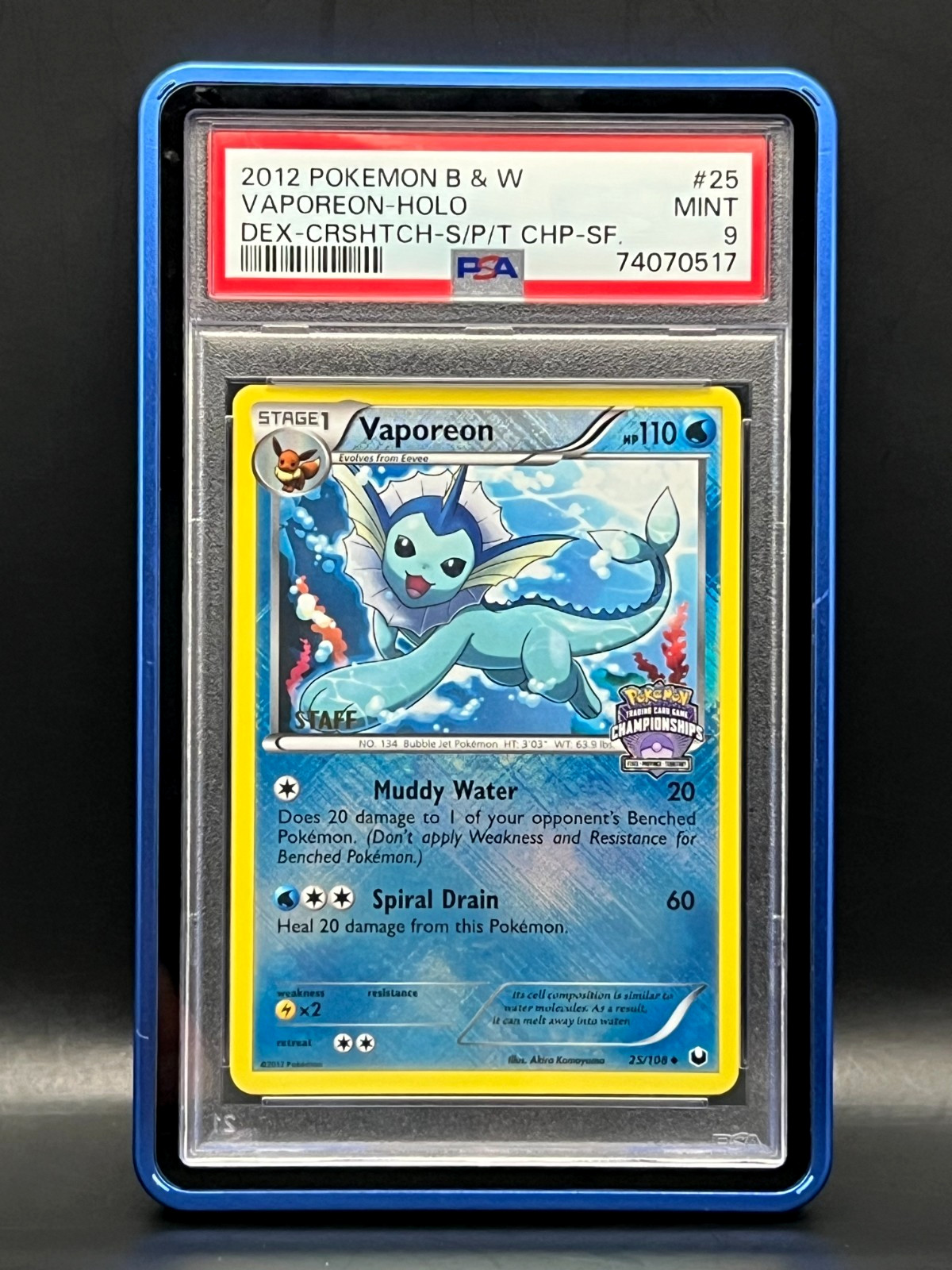 2012 Pokemon Black & White Dark Explorers Vaporeon-Holo Crosshatch-State/Province/Territory Championships-Staff 25
