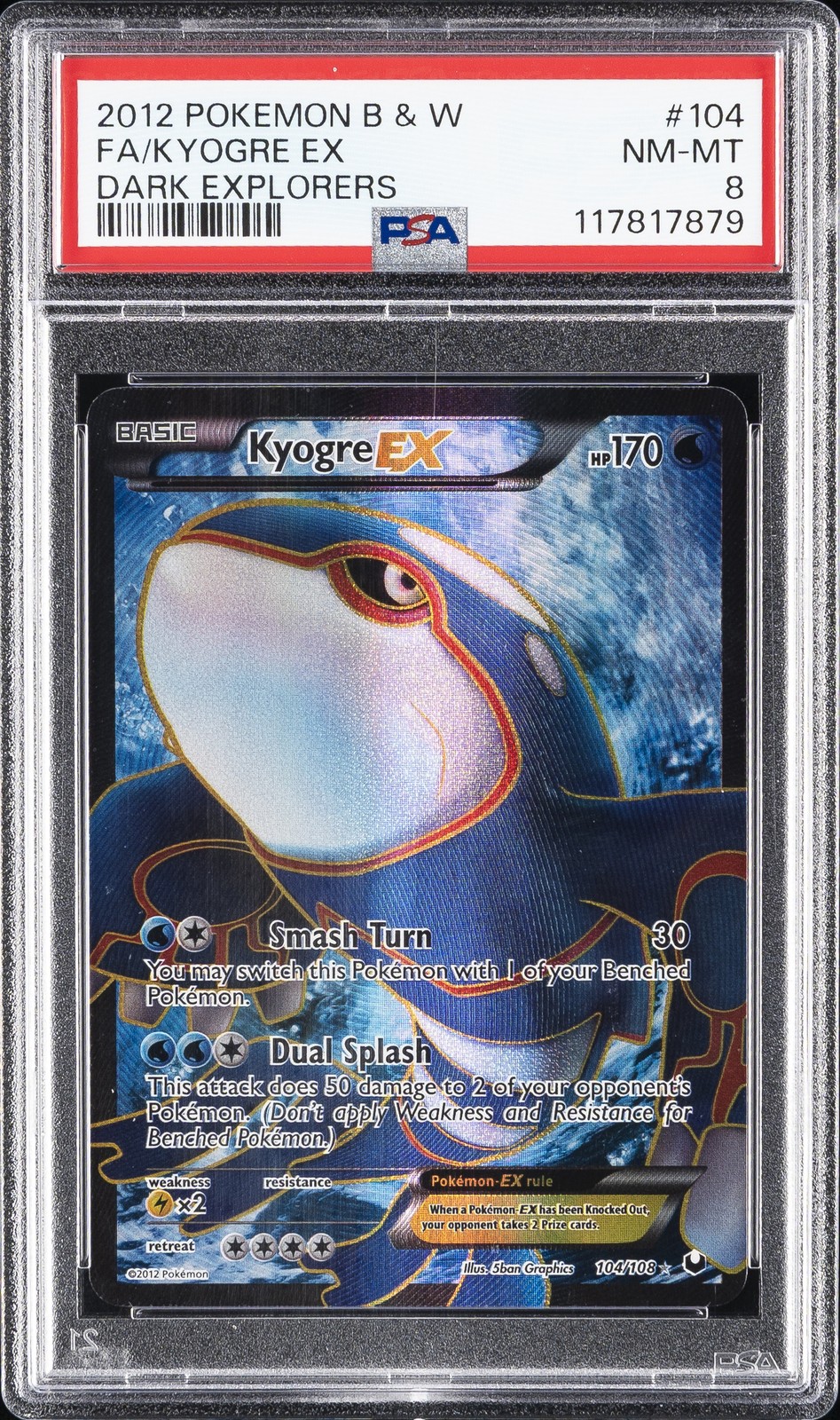 2012 Pokemon Black & White Dark Explorers Full Art/Kyogre EX 104