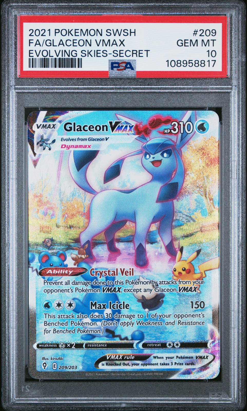2021 Pokemon Sword & Shield Evolving Skies Full Art/Glaceon Vmax Secret 209