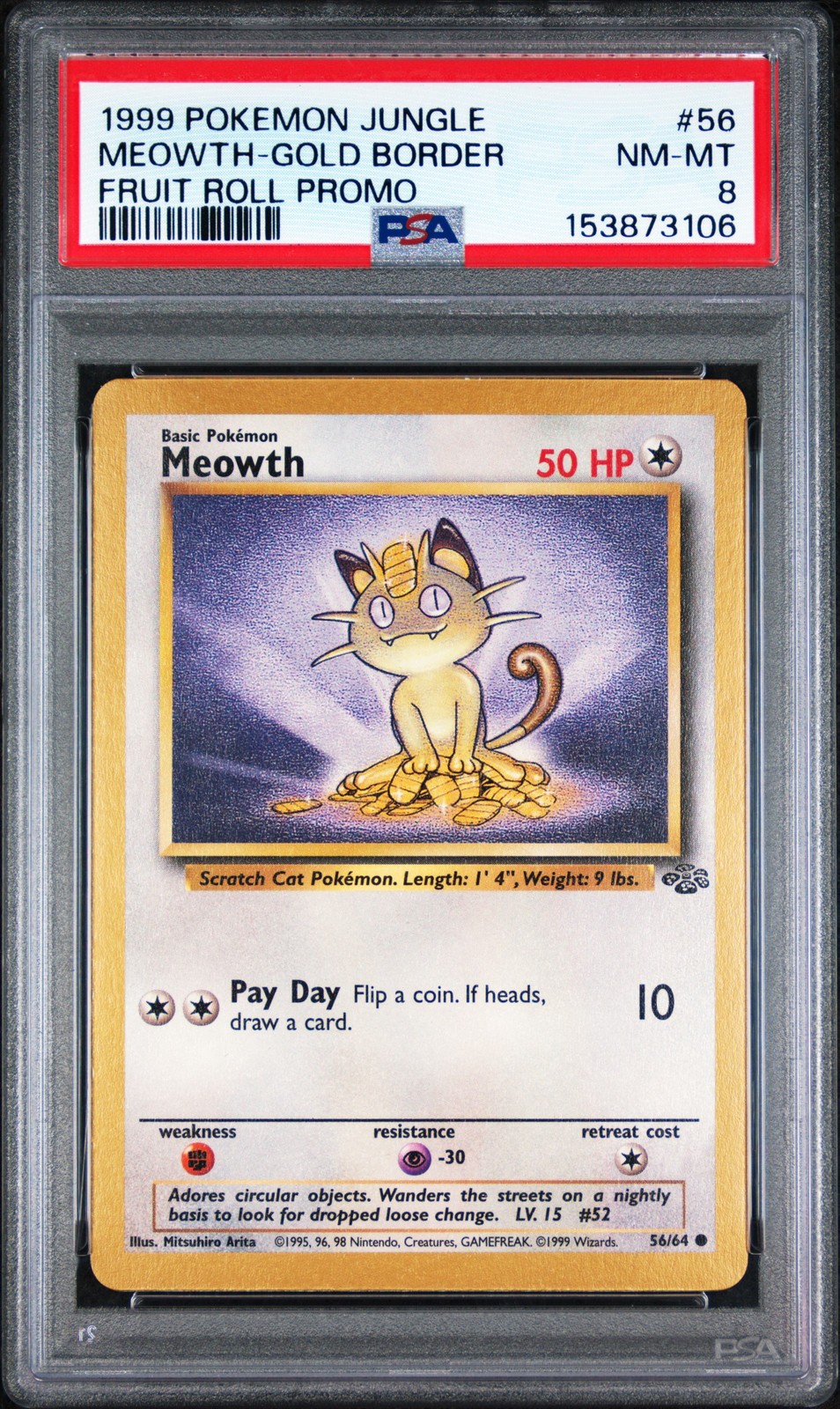 1999 Pokemon Jungle Promo Meowth-Gold Border Fruit Roll Promo 56