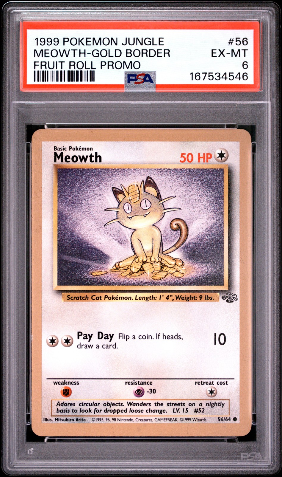 1999 Pokemon Jungle Promo Meowth-Gold Border Fruit Roll Promo 56