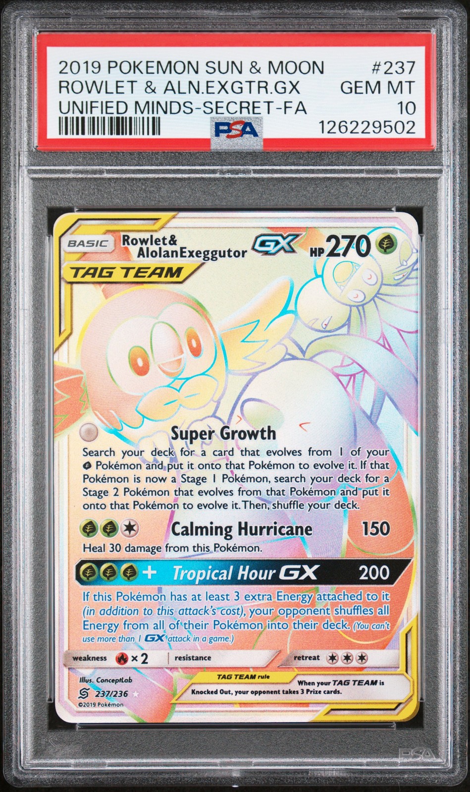 2019 Pokemon Sun & Moon Unified Minds Full Art/Rowlet & Alolan Exeggutor GX Secret 237