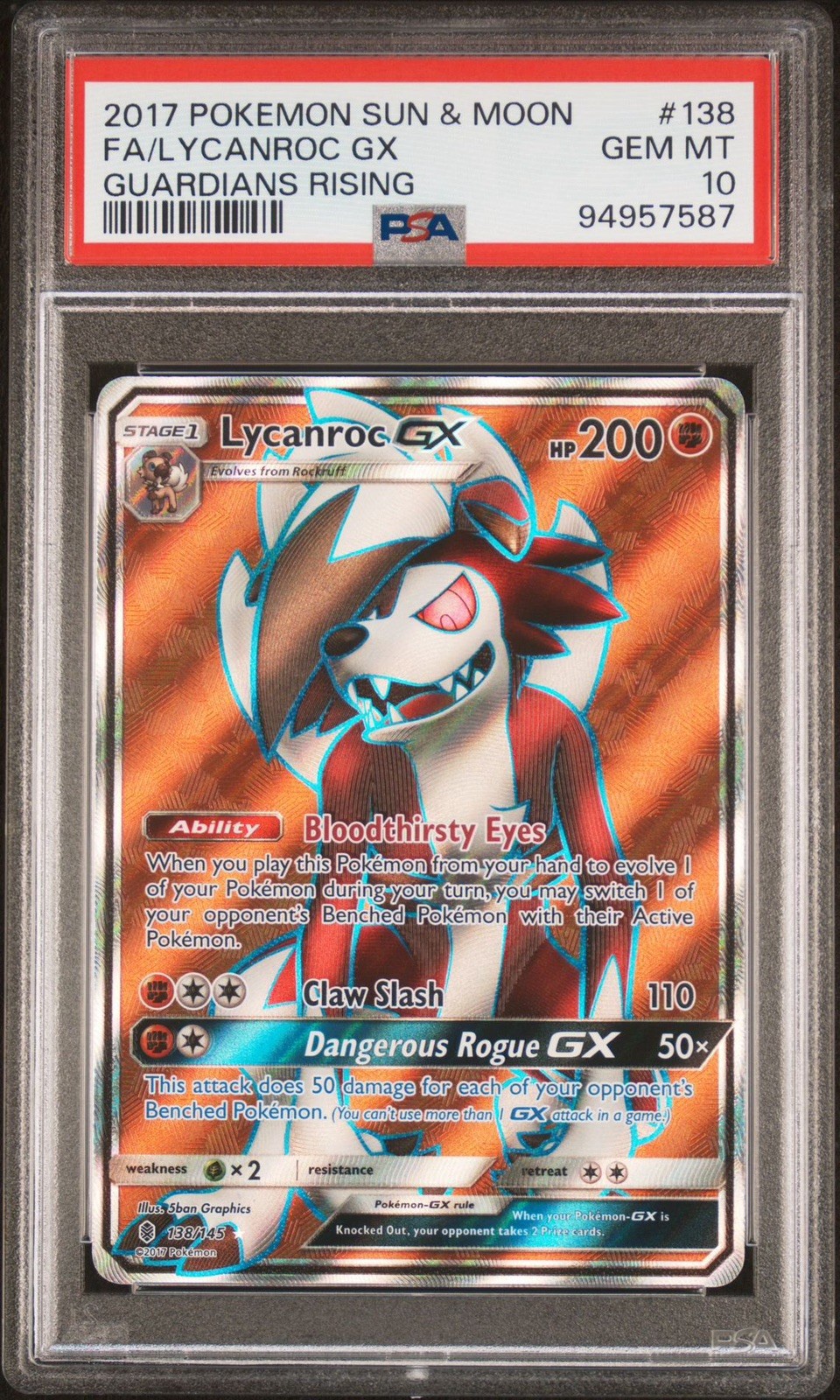 2017 Pokemon Sun & Moon Guardians Rising Full Art/Lycanroc GX 138