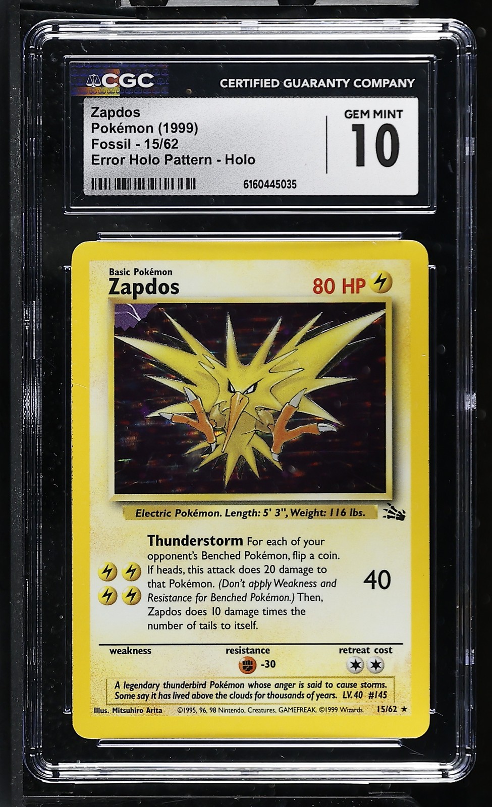 1999 Fossil - Unlimited - English Zapdos Error Holo Pattern Galaxy Star Holo 15/62