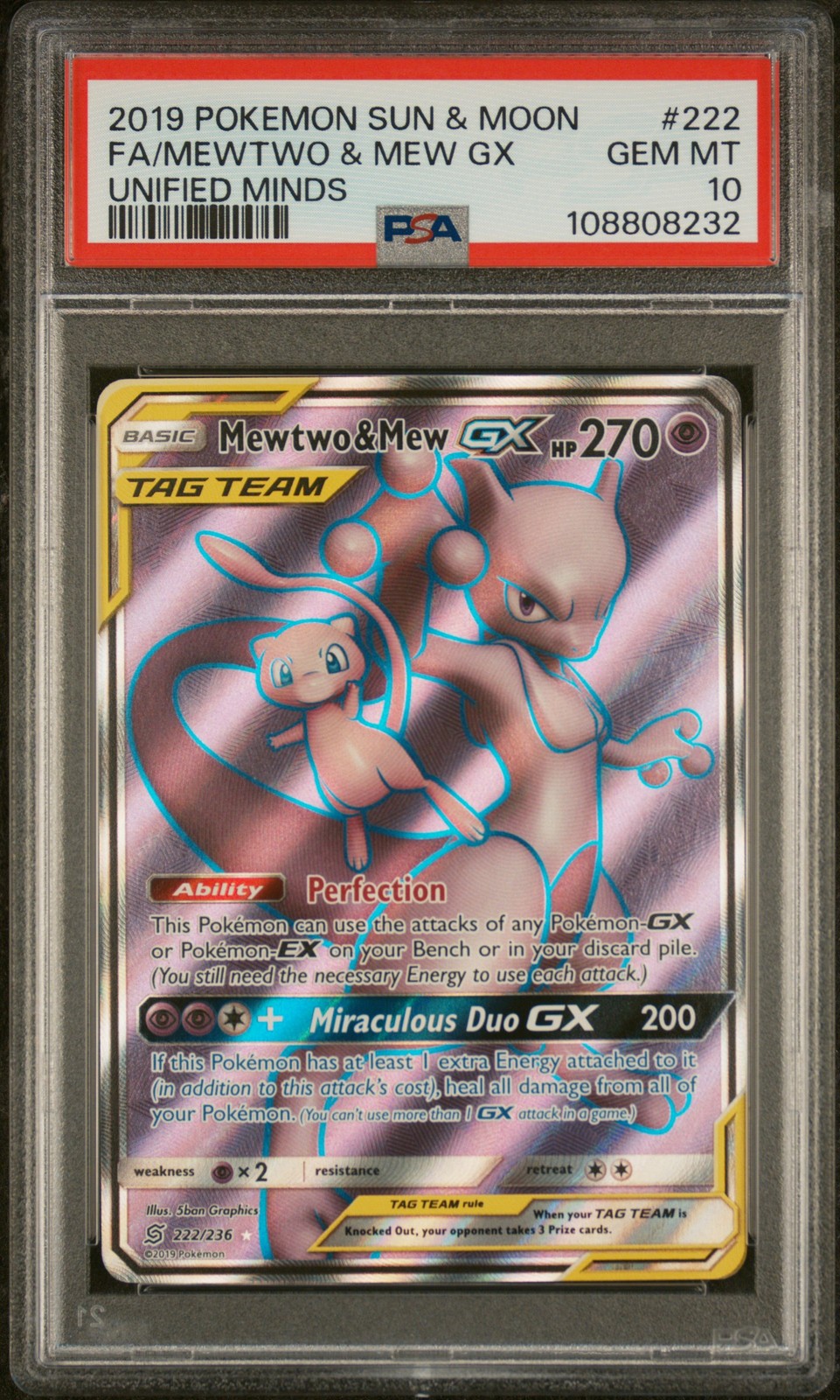 2019 Pokemon Sun & Moon Unified Minds Full Art/Mewtwo & Mew GX 222