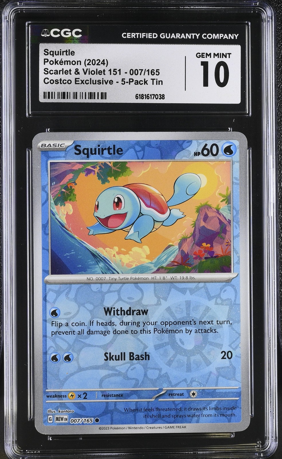2024 Scarlet & Violet 151 - MEW EN - English Squirtle (Rev. Cos. Holo)Costco Exclusive (2023 on Card) 5-Pack Tin 007/165