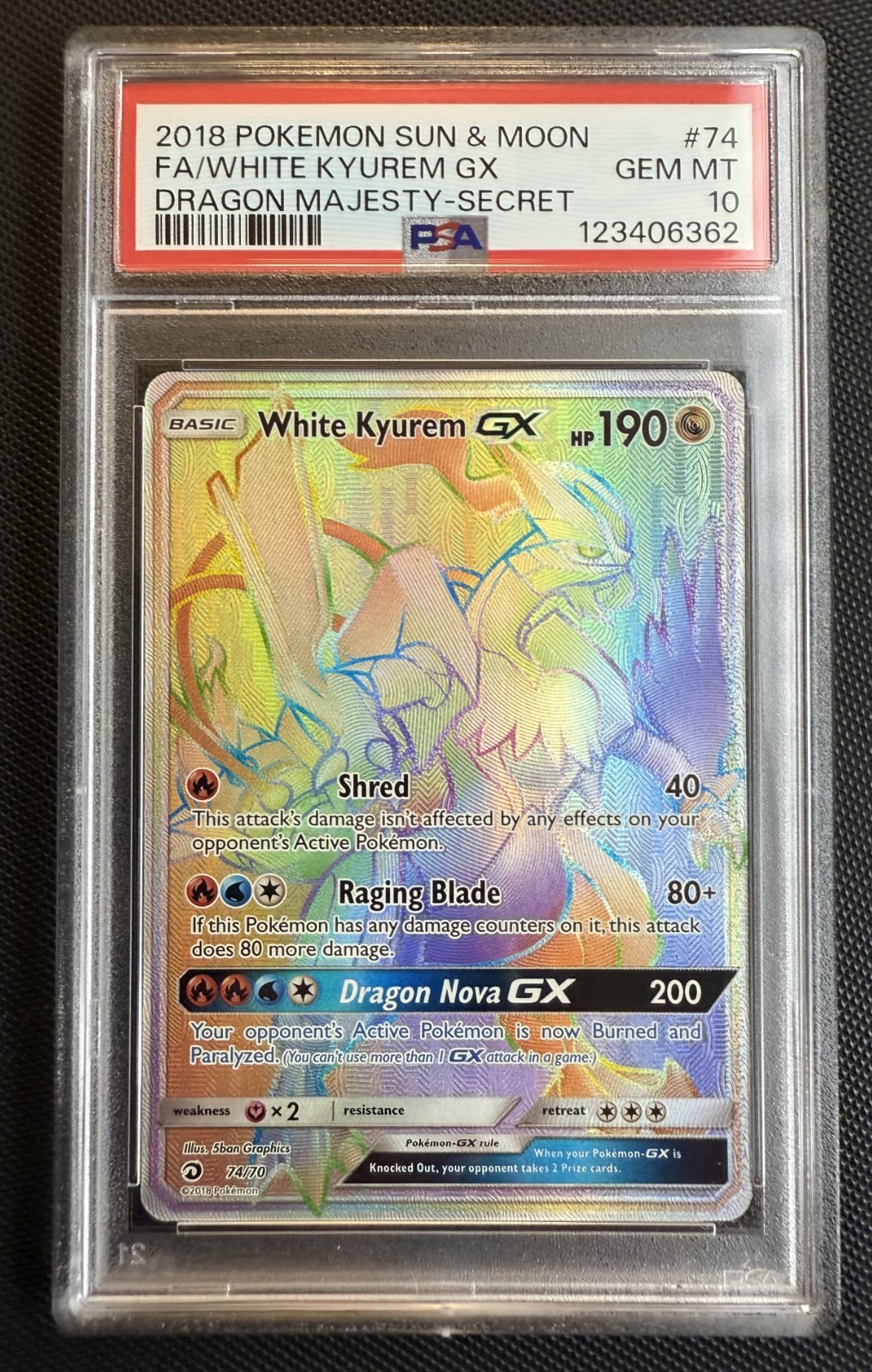 2018 Pokemon Sun & Moon Dragon Majesty Full Art/White Kyurem GX Secret 74