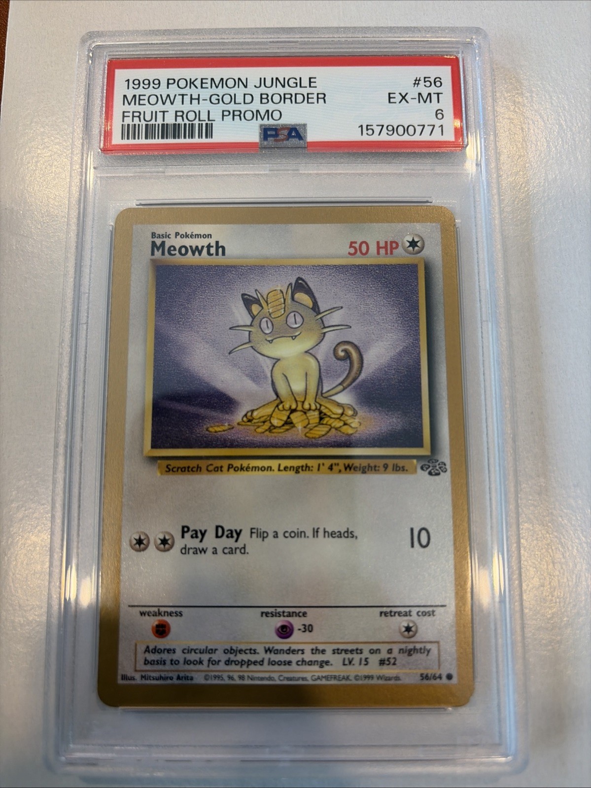 1999 Pokemon Jungle Promo Meowth-Gold Border Fruit Roll Promo 56