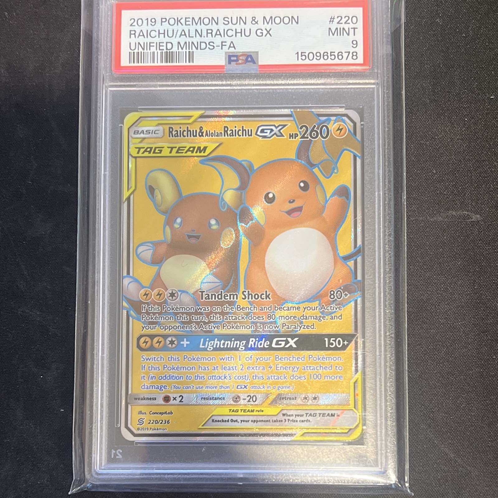 2019 Pokemon Sun & Moon Unified Minds Full Art/Raichu & Alolan Raichu GX 220