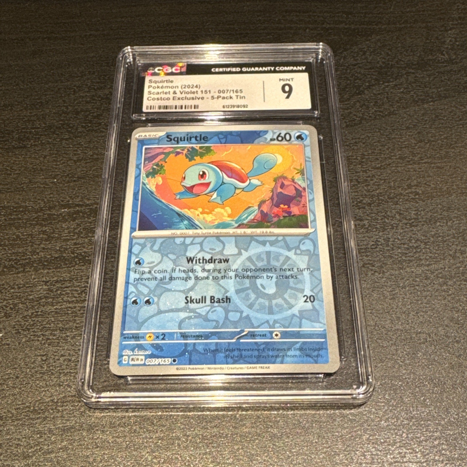 2024 Scarlet & Violet 151 - MEW EN - English Squirtle (Rev. Cos. Holo)Costco Exclusive (2023 on Card) 5-Pack Tin 007/165