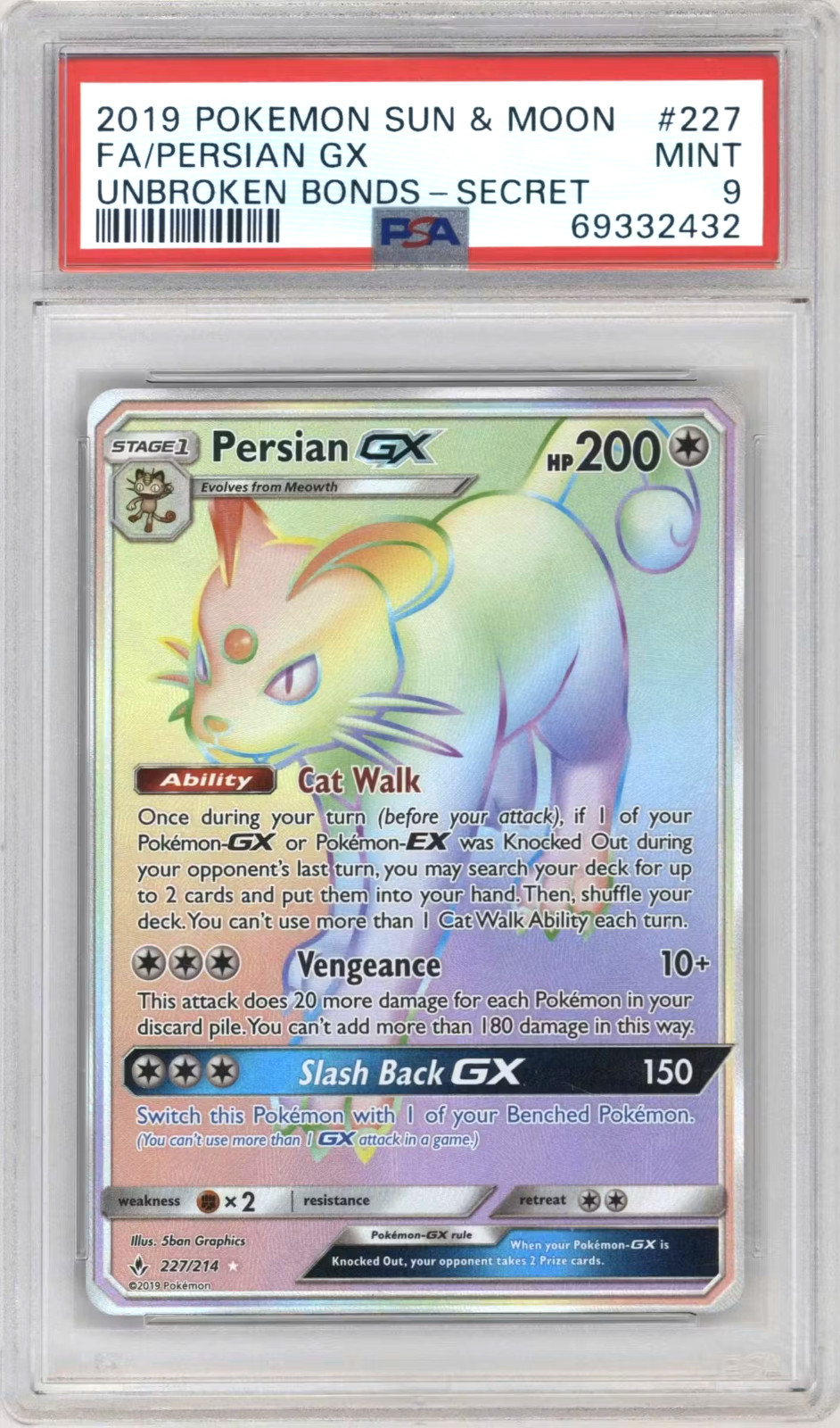 2019 Pokemon Sun & Moon Unbroken Bonds Full Art/Persian GX Secret 227